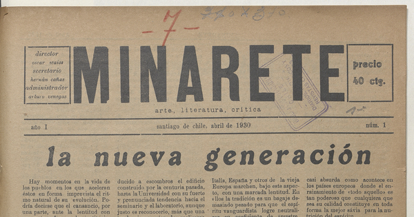 Minarete. Año 1, número 1, abril de 1930