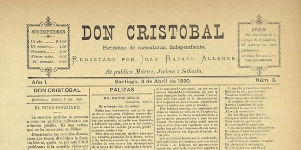 Don Cristóbal. Santiago, 8 de abril de 1890