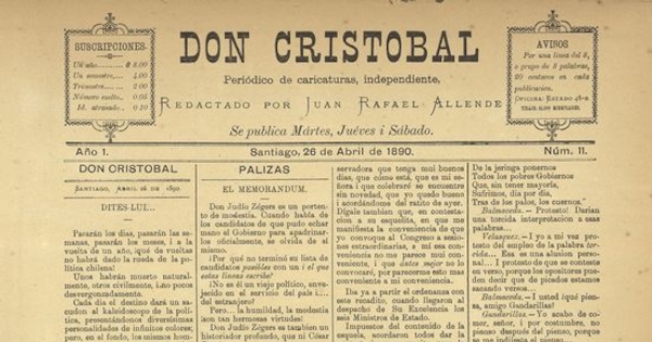 Don Cristóbal. Santiago, 26 de abril de 1890