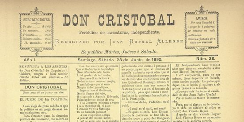 Don Cristóbal. Santiago, 28 de junio de 1890