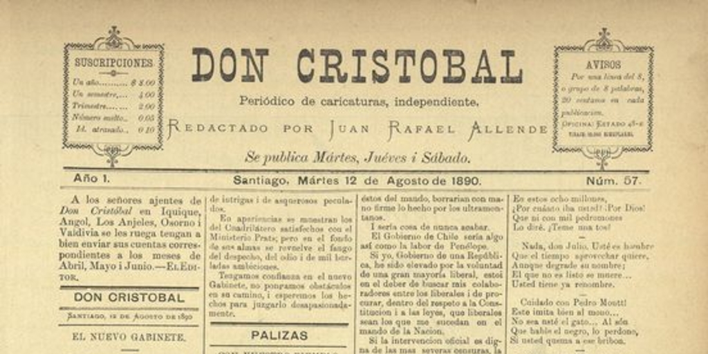 Don Cristóbal. Santiago, 12 de agosto de 1890