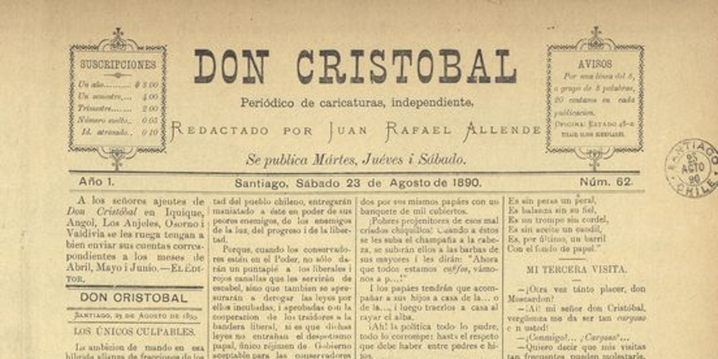 Don Cristóbal. Santiago, 23 de agosto de 1890