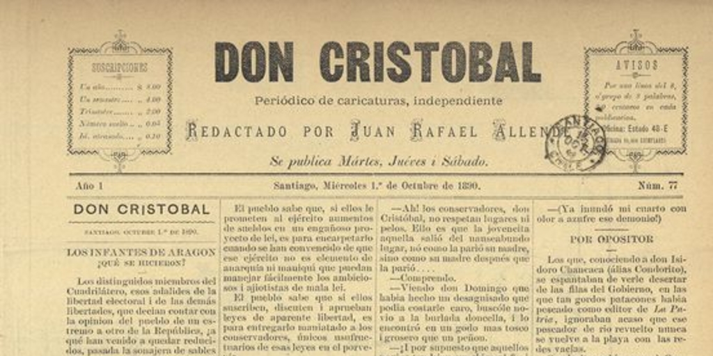 Don Cristóbal. Santiago, 1º de octubre de 1890