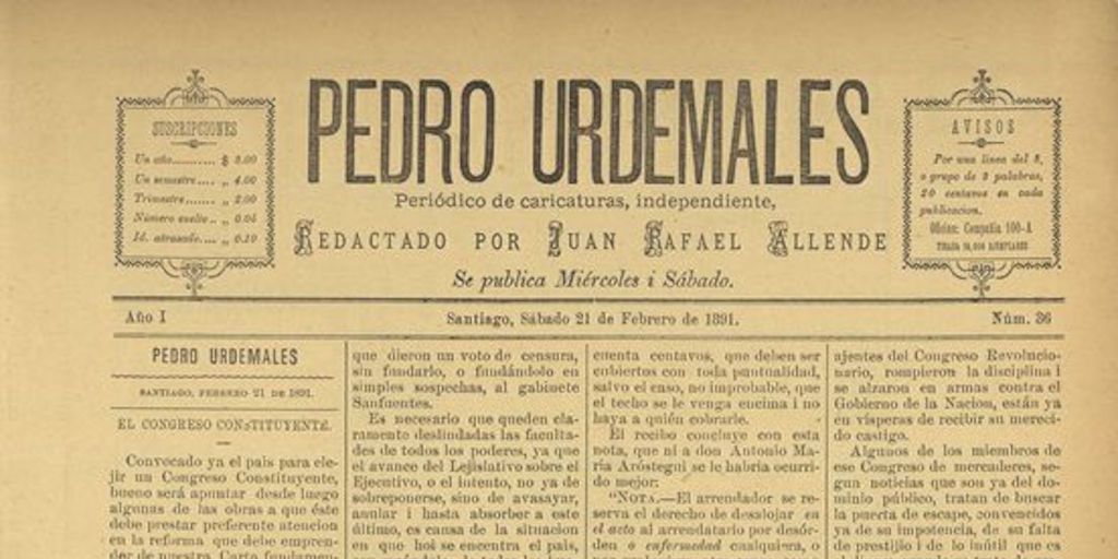 Pedro Urdemales. Santiago, 21 de febrero de 1891