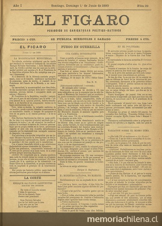 El Fígaro: periódico político-satírico. Santiago, 1º de junio de 1890