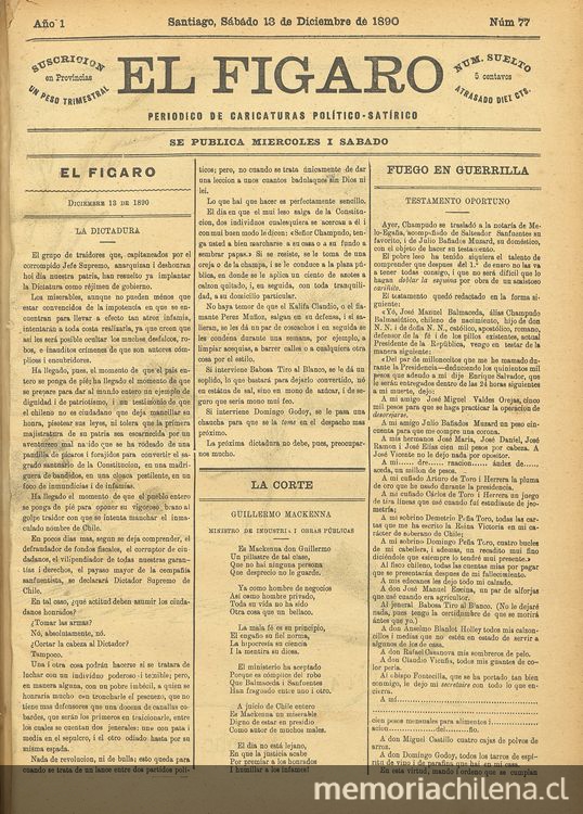 El Fígaro: periódico político-satírico. Santiago, 13 de diciembre de 1890