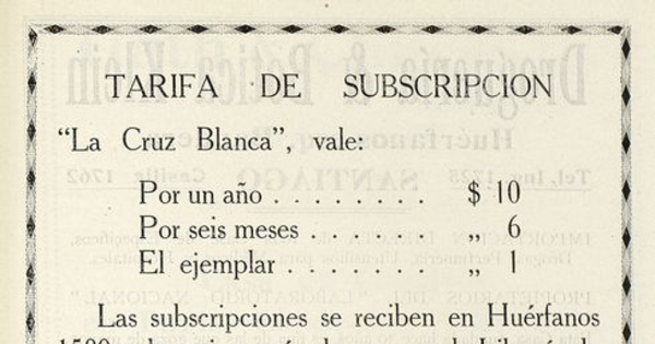 Cuadro suscripción y encargos ropa blanca para financiar la Cruz Blanca.