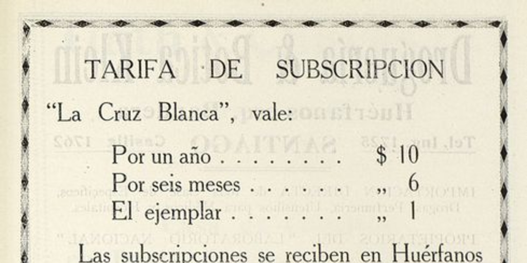 Cuadro suscripción y encargos ropa blanca para financiar la Cruz Blanca.