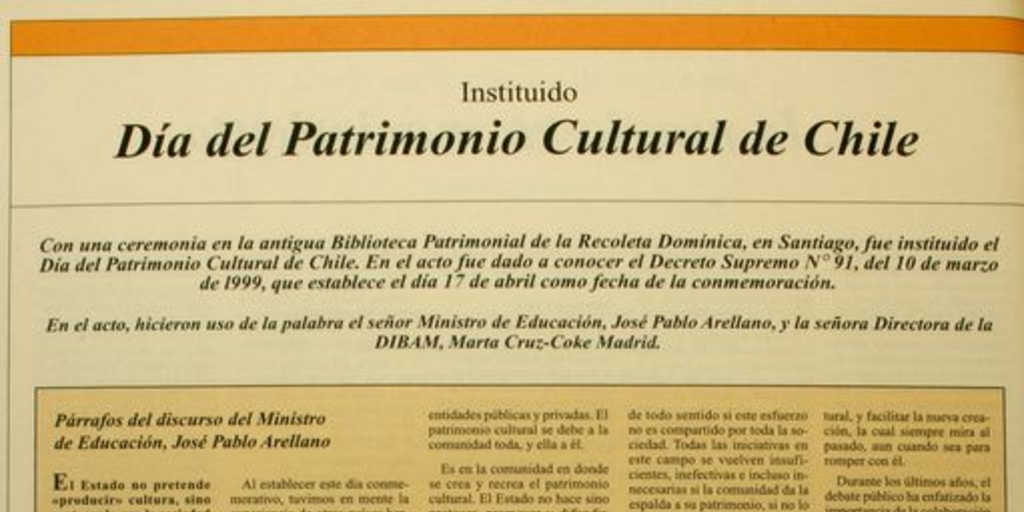 Instaurado Día del Patrimonio Cultural de ChileEn: Patrimonio  Cultural (14): 22, mayo, 1999.