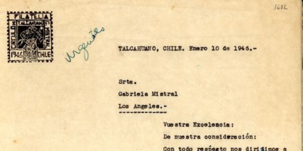 Carta del Círculo de Filatelía Gabriela Mistral a la poetisa para que le otorgue permiso para usar su nombre