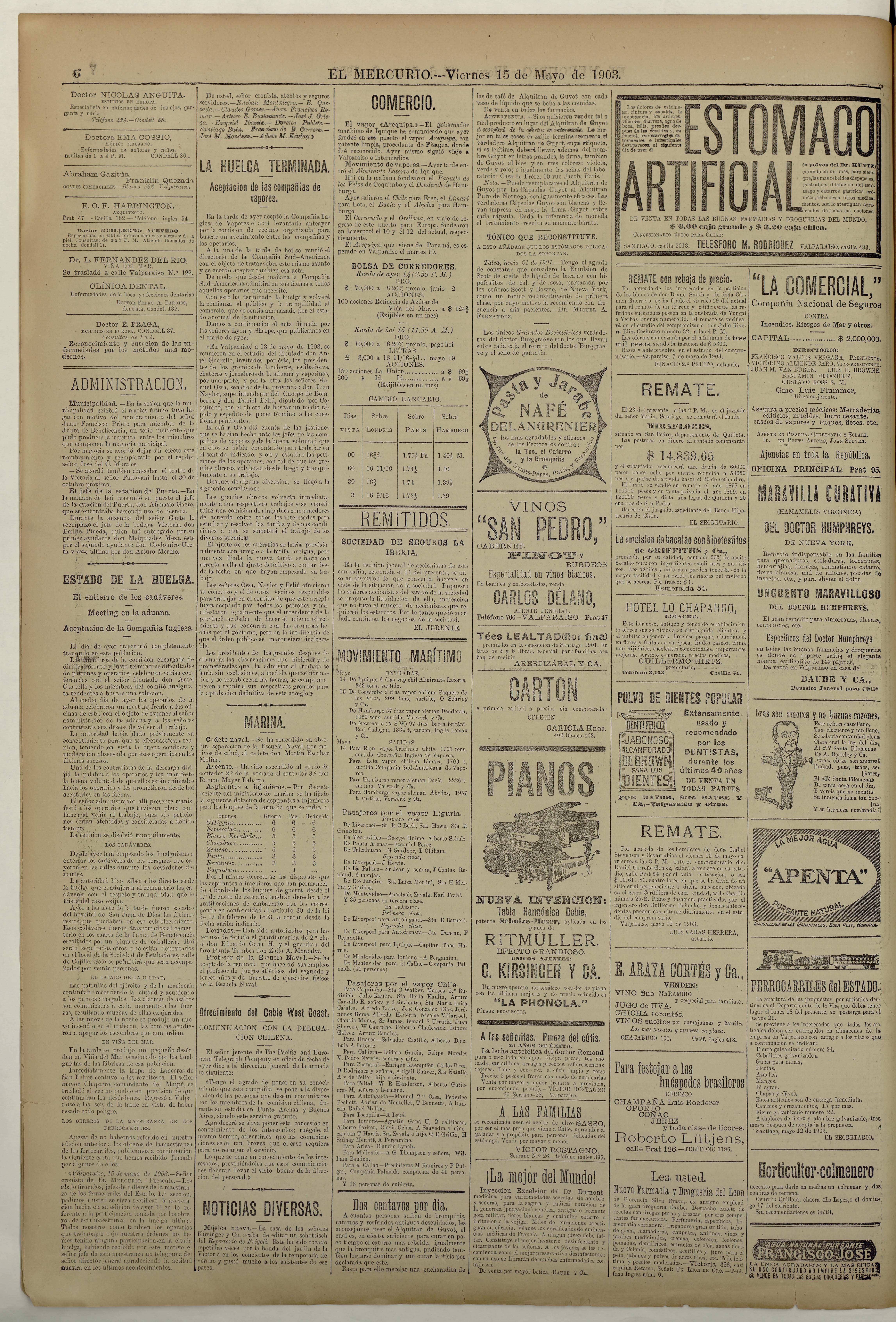 Artículos sobre la huelga de Valparaíso en El Mercurio de Valparaíso, 15 de mayo de 1903