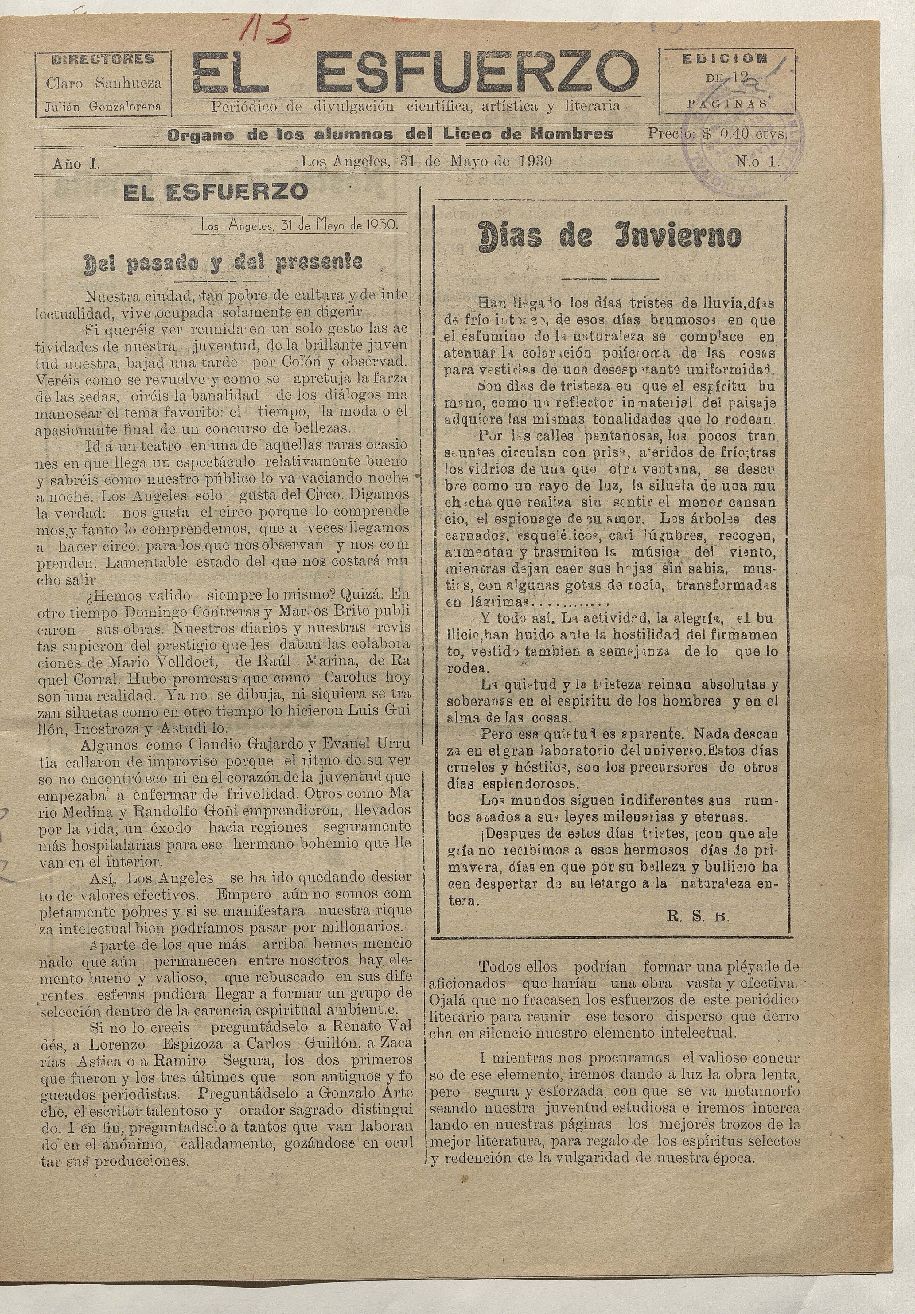 El Esfuerzo, número 1, 31 de mayo de 1930