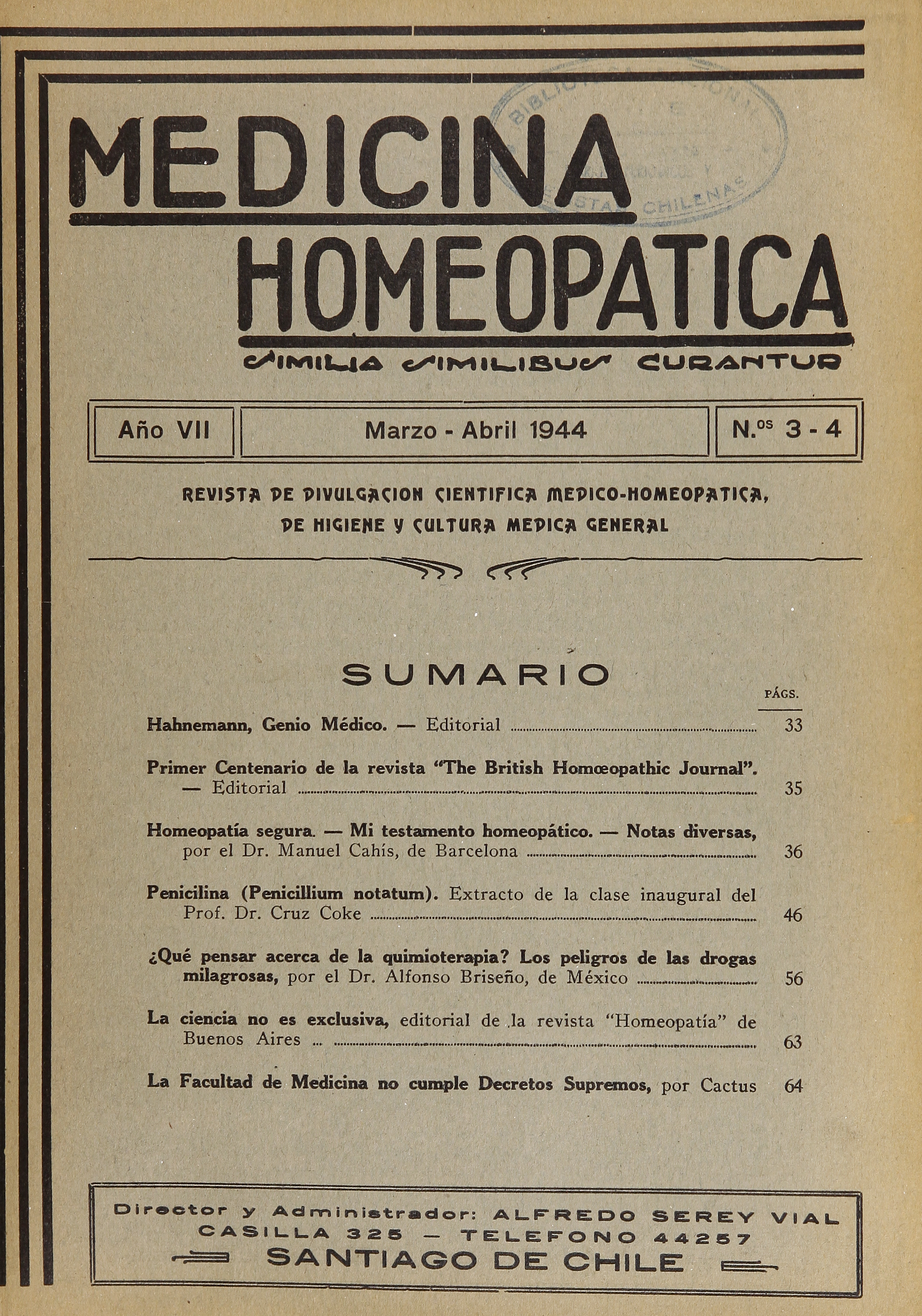 Medicina homeopática, números 3-4, marzo-abril de 1944