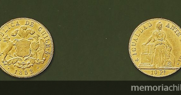 Pie de foto: Moneda de oro de 10 pesos, 1852