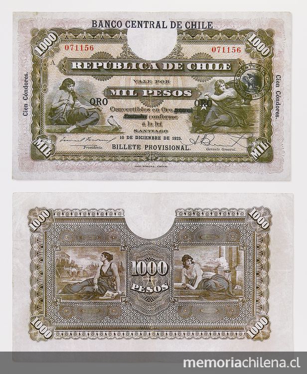 Pie de foto: Billete de 1.000 pesos Banco Central, 1925
