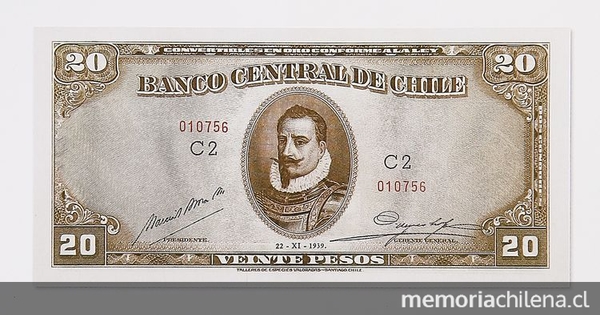 Pie de foto: Billete de 20 pesos Banco Central, 1939