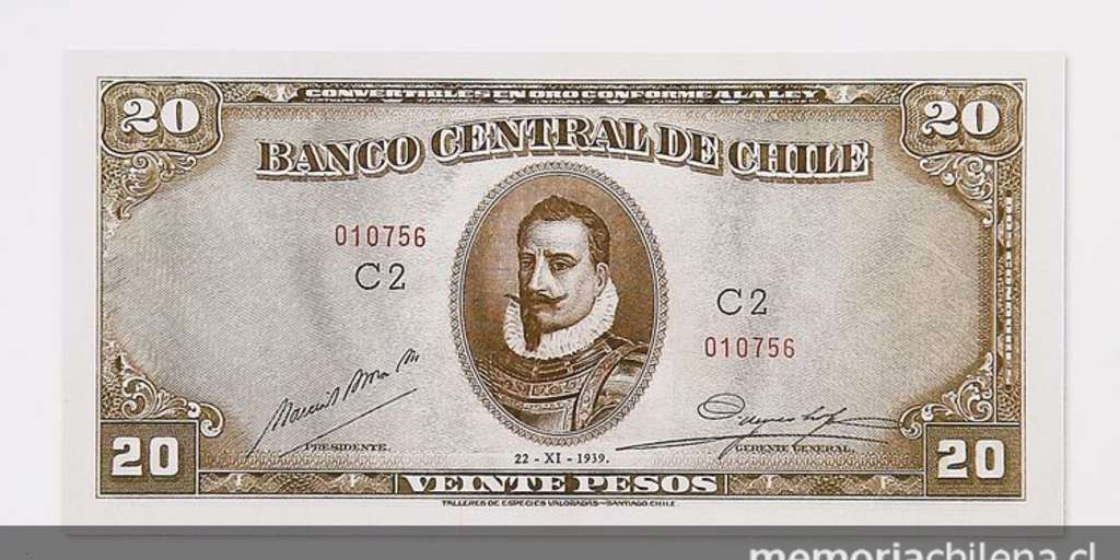 Pie de foto: Billete de 20 pesos Banco Central, 1939