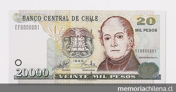 Pie de foto: Billete de 20.000 pesos Banco Central, 1998