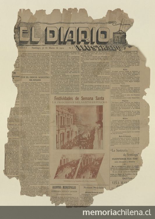 Pie de foto: El Diario Ilustrado N° 1. Trozo del número uno con la publicación de su primer fotograbado.