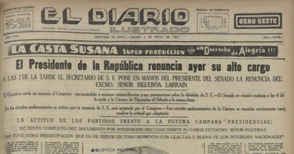 El Diario Ilustrado. Santiago. N° 9134. (5 de mayo de 1927). P. 1 y p. 5.