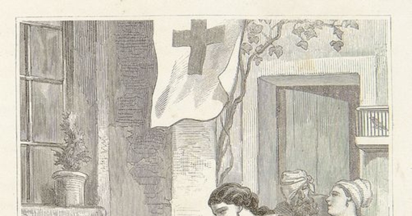 Pie de Foto: "Hospitalidad belga". Mujer atendiendo a soldado herido en Bélgica. Grabado europeo del siglo XIX