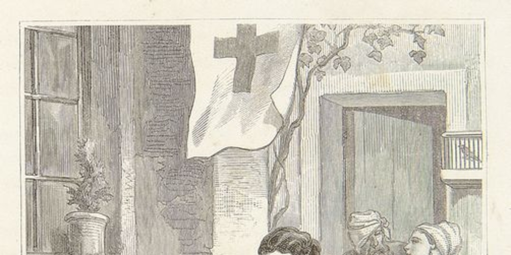 Pie de Foto: "Hospitalidad belga". Mujer atendiendo a soldado herido en Bélgica. Grabado europeo del siglo XIX