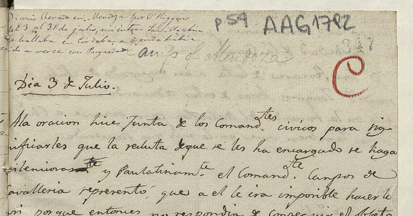 Diario llevado en Mendoza por O'Higgins del 3 al 31 de julio mientras San Martín se hallaba en Córdoba a donde había ido a verse con Puyrredon