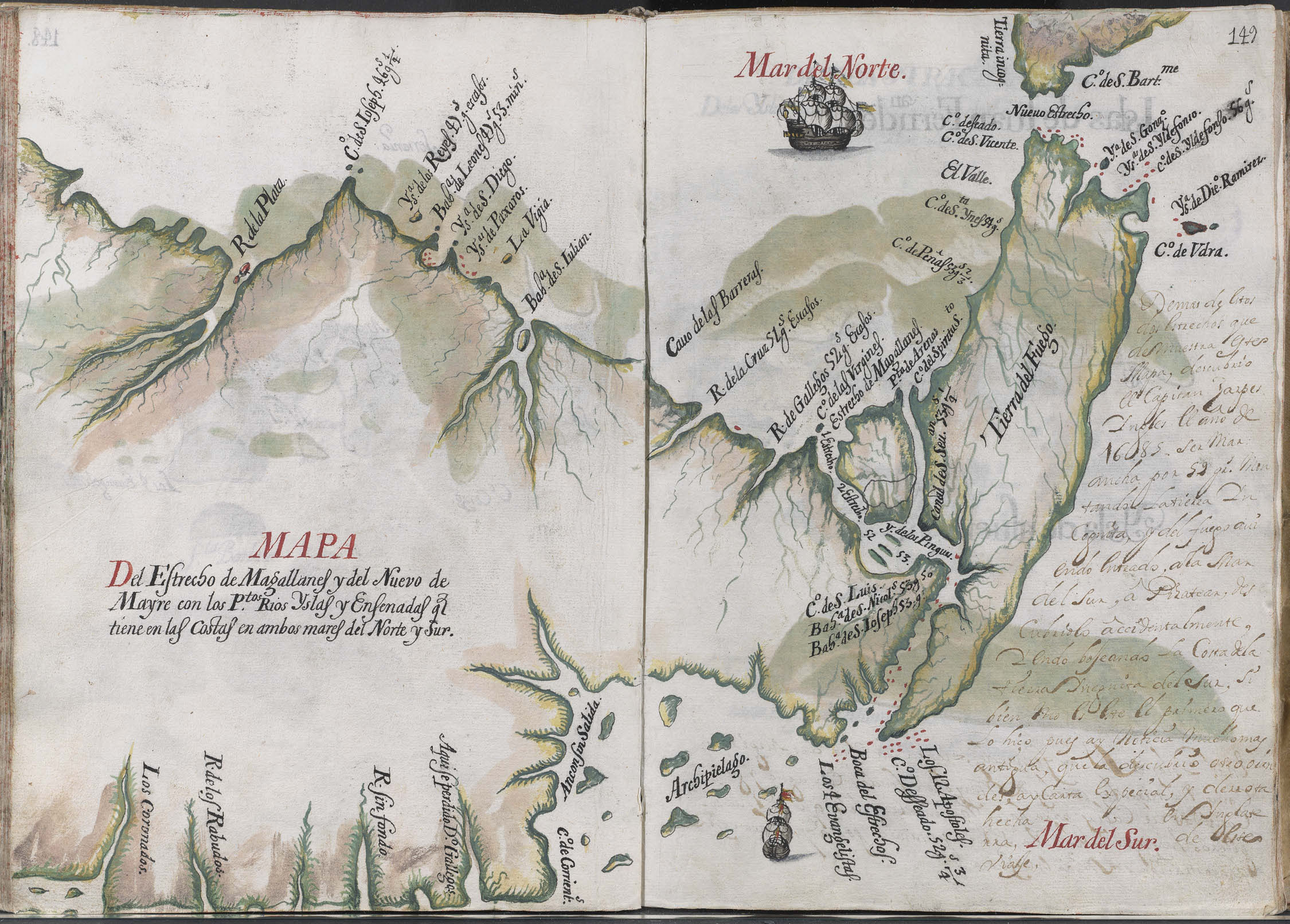 Mapa del Estrecho de Magallanes y del nuevo del Mayre con los puertos, ríos, islas y ensenadas que tiene en las costas en ambos mares del norte y del sur