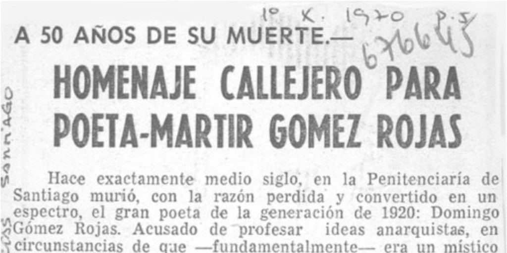 Homenaje callejero para poeta-martir Gómez Rojas