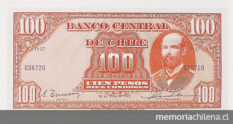 Pie de foto: Billete de 100 pesos Banco Central, 1947