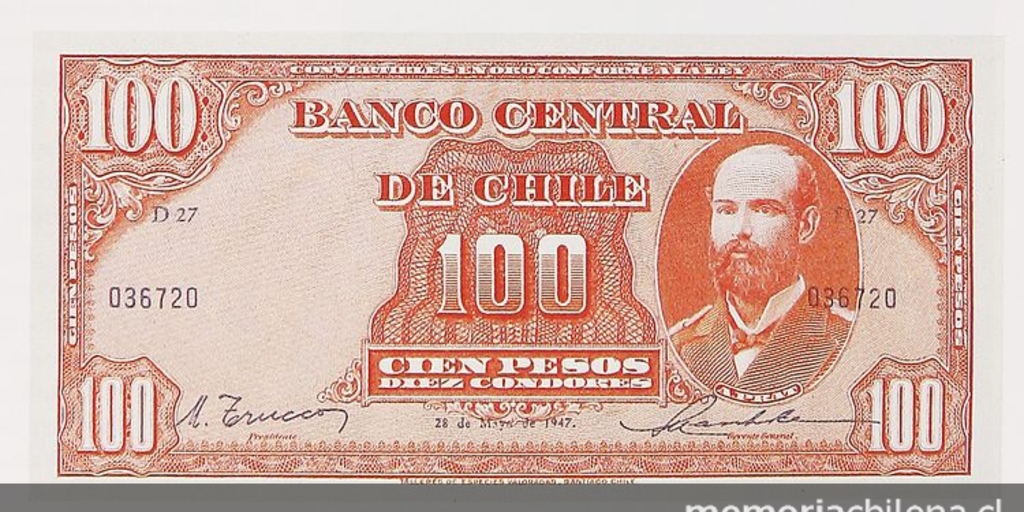 Pie de foto: Billete de 100 pesos Banco Central, 1947