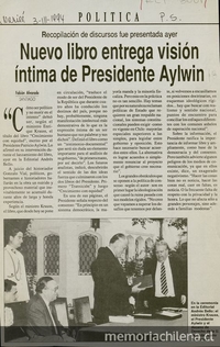 "Nuevo libro entrega visión íntima del presidente Aylwin", La Nación, (Santiago), 3 de marzo, 1994, p.5.