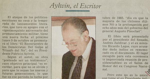 "Aylwin el escritor", E Mercurio, (Santiago), 27 de septiembre de 1998, p. D8