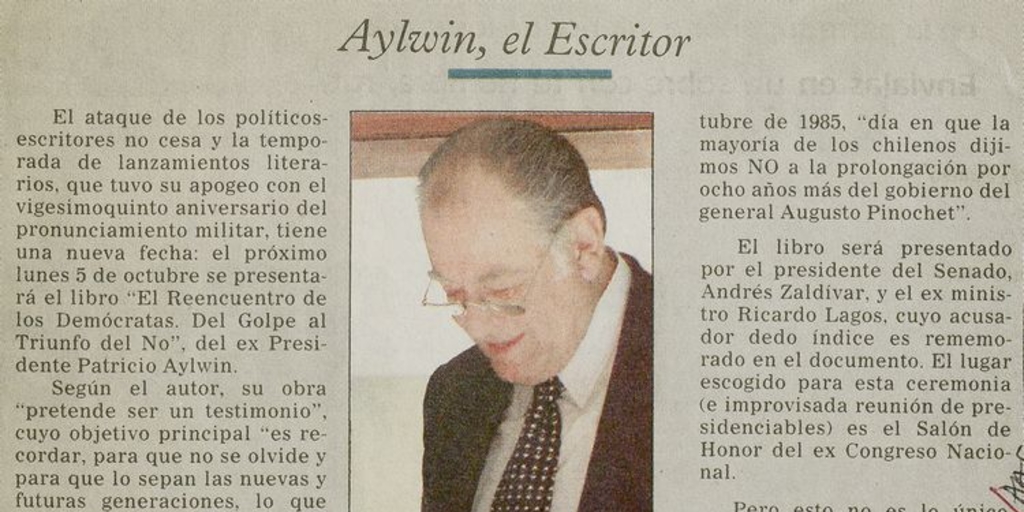 "Aylwin el escritor", E Mercurio, (Santiago), 27 de septiembre de 1998, p. D8