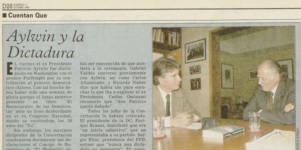 "Aylwin y la dictadura", El Mercurio, (Santiago), 11 de octubre, 1998, p.D28.