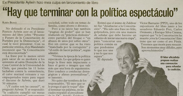 "Hay que terminar con la política espectáculo", Las Últimas Noticias, (Santiago), 14 de diciembre, 2002, p. 13.