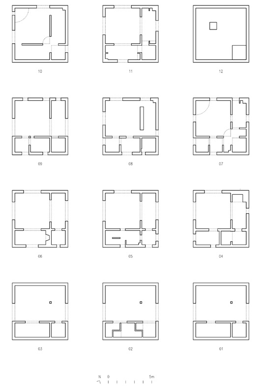 Casa Cien, esquema conceptual de los 12 modelos que componen las plantas de la casa, Pezo Von Ellrichshausen, 2011