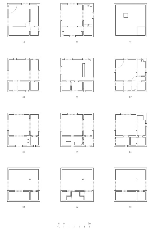 Casa Cien, esquema conceptual de los 12 modelos que componen las plantas de la casa, Pezo Von Ellrichshausen, 2011