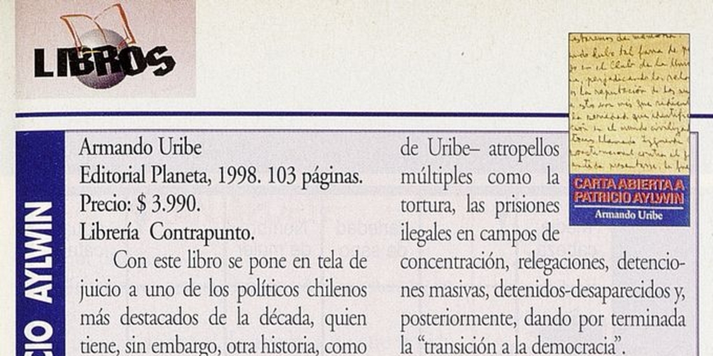 "Carta abierta a Patricio Aylwin", Ercilla, (3093): 87, 7 de septiembre, 1998.