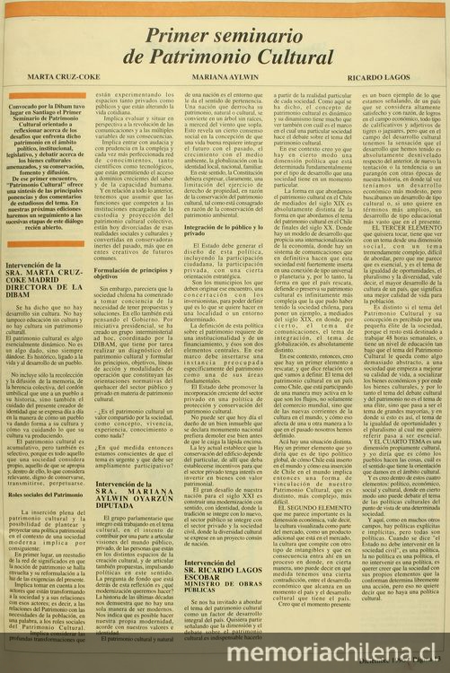 Primer Seminario de Patrimonio CulturalEn: Patrimonio  Cultural (5): 13-15, diciembre, 1996.