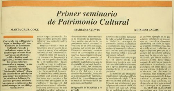 Primer Seminario de Patrimonio CulturalEn: Patrimonio  Cultural (5): 13-15, diciembre, 1996.