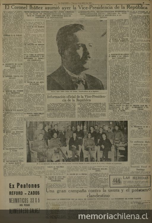 "El Coronel Ibáñez asumió ayer la Vice-presidencia de la República", en La Nación, Santiago, 8 de abril de 1927, p.5.