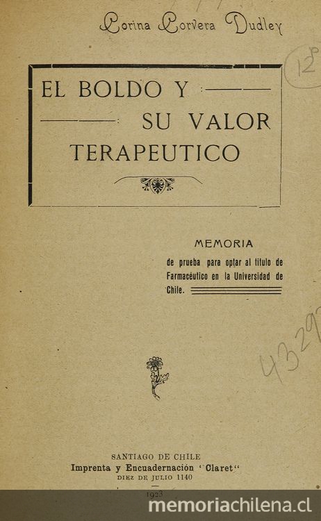 El boldo y su valor terapéutico. Santiago: Impr. y Encuadrenación Claret, 1923
