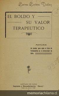 El boldo y su valor terapéutico. Santiago: Impr. y Encuadrenación Claret, 1923