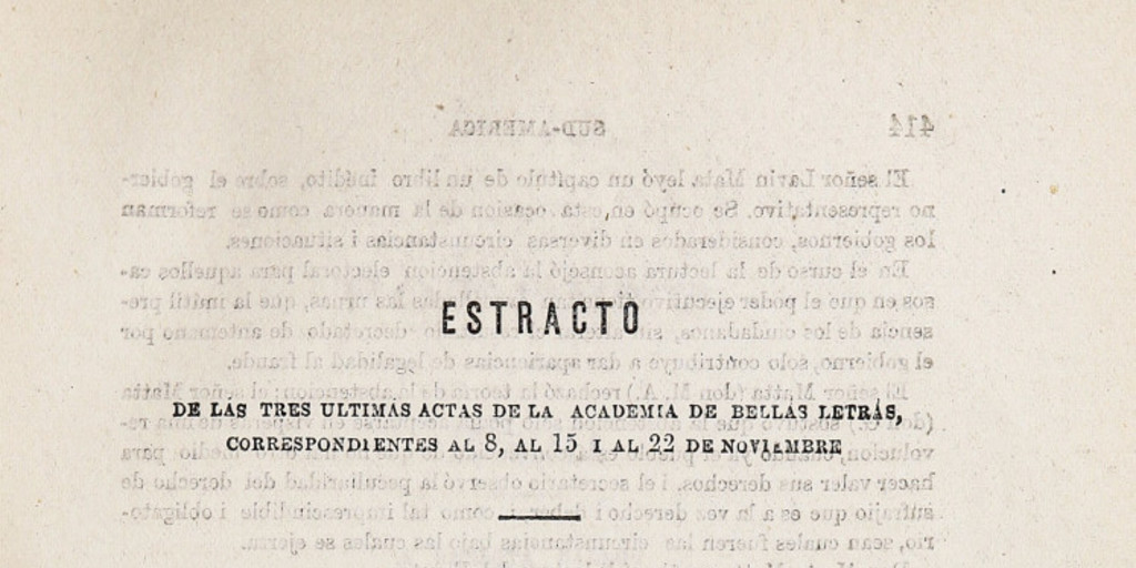 Estracto de las tres últimas actas de la Academia de Bellas Letras, correspondientes al 8, al 15 i al 22 de noviembre