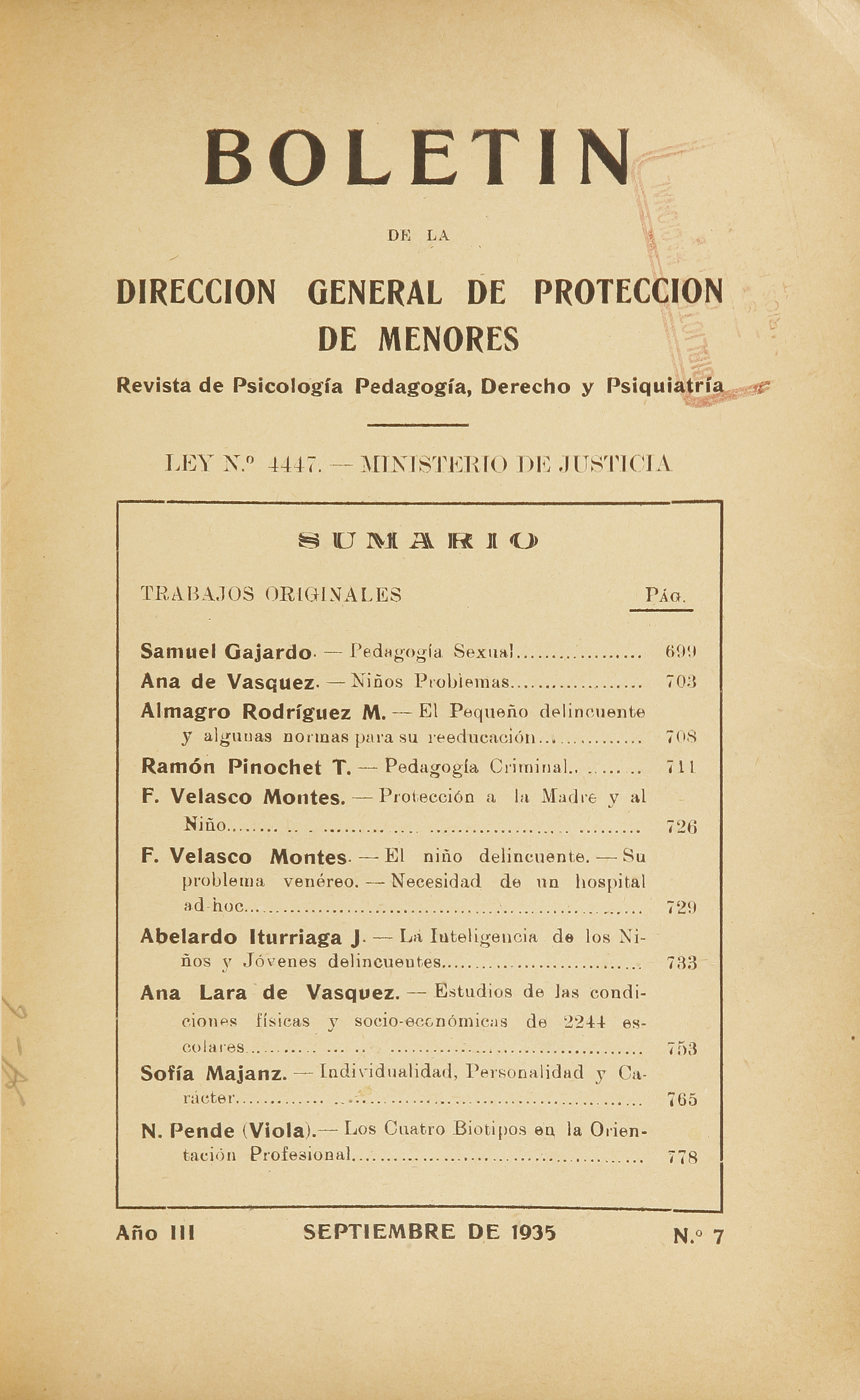 Boletín de la Dirección General de Protección de Menores, Año III, número 7, septiembre  de 1935