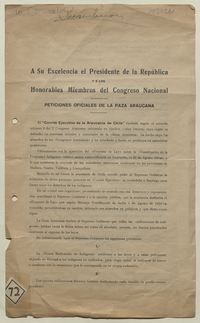 A su excelencia el Presidente de la República y a los Honorables Miembros del Congreso Nacional: peticiones oficiales de la Raza Araucana