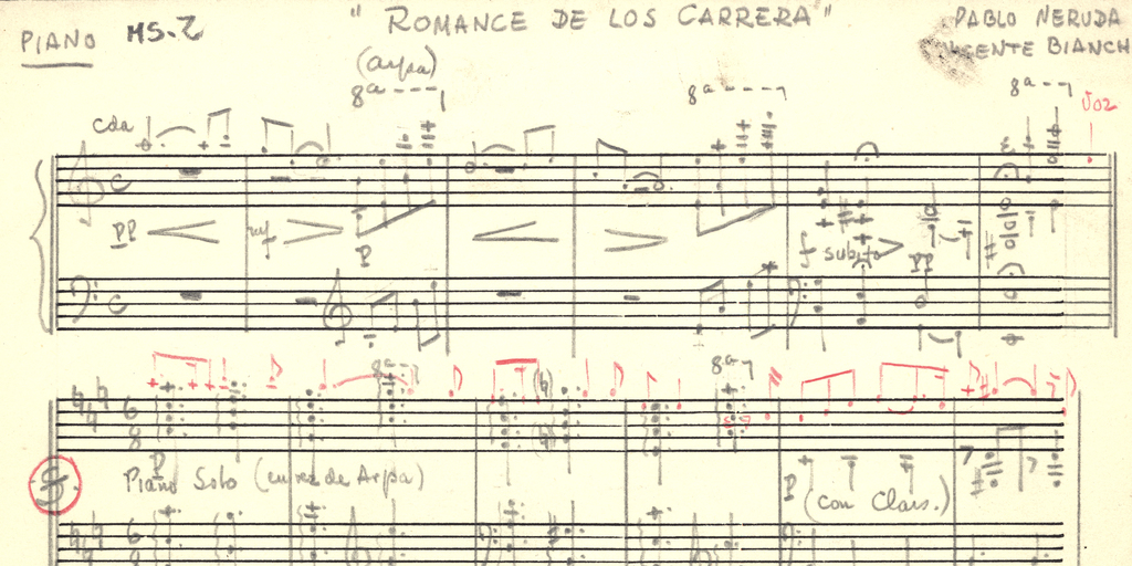 Manuscrito "Romance de los Carrera" para piano (Neruda y Bianchi)
