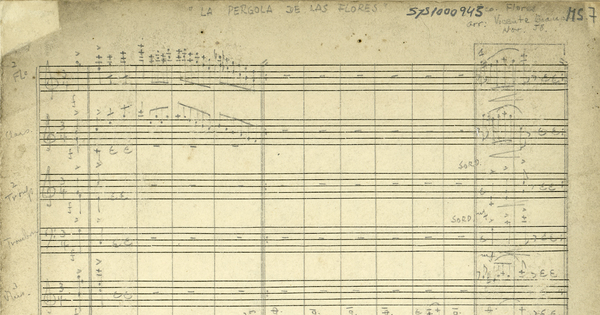 Manuscrito de arreglo instrumental de Vicente Bianchi de "La Pérgola de las Flores" de Francisco Flores del Campo