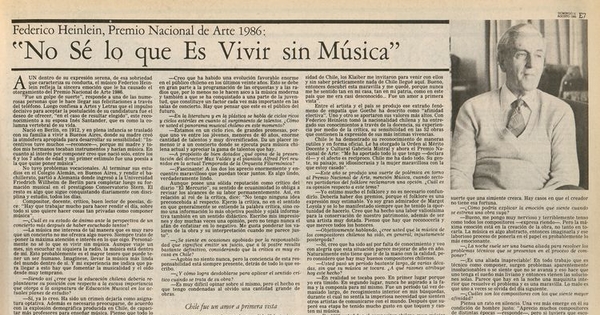Federico Heinlein, Premio Nacional de Arte 1986: "No sé lo que es vivir sin música"